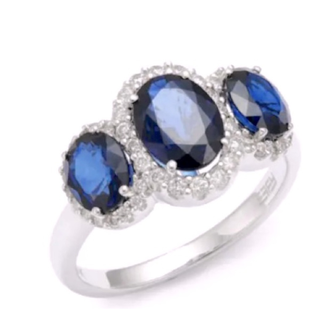 Blue Sapphire and Diamond Three Stones Ceylon Sapphire Ring 14K White Gold
